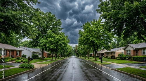 Quiet residential street after rain, wet asphalt road lined with lush green trees and suburban houses.