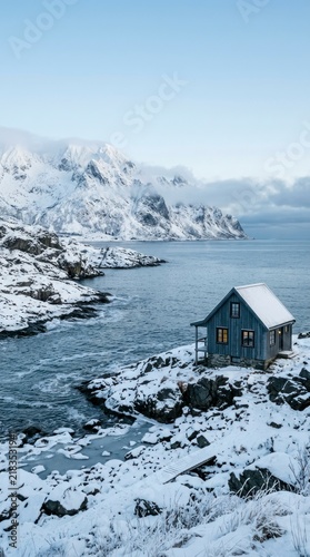 Small blue cabin on a snowy rocky coast, majestic mountain range in the background over the ocean.