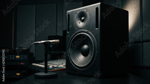 Professional audio equipment, studio monitor speaker, and microphone setup create focused