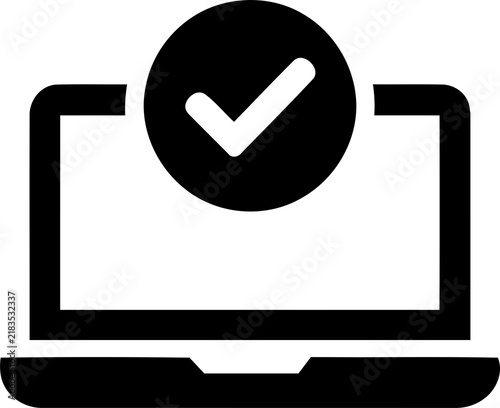 Laptop computer with a check mark symbol confirming approval isolated on transparent background