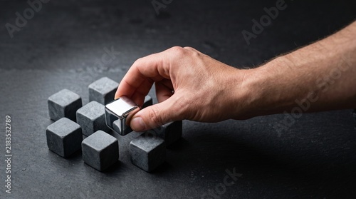Obraz na płótnie Hand selecting a chrome cube among matte gray blocks