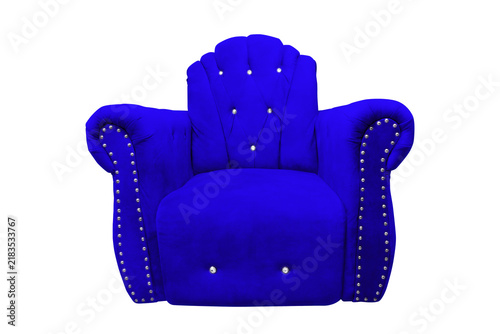 Blue velvet sofa front view isolated on transparent background.