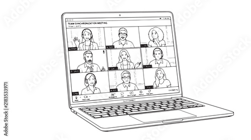 Minimalist line art laptop showing video conference, virtual business meeting on computer screen, remote work webinar vector illustration