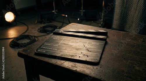 Clapperboard slate on wooden table in film studio setting, capturing essence of filmmaking