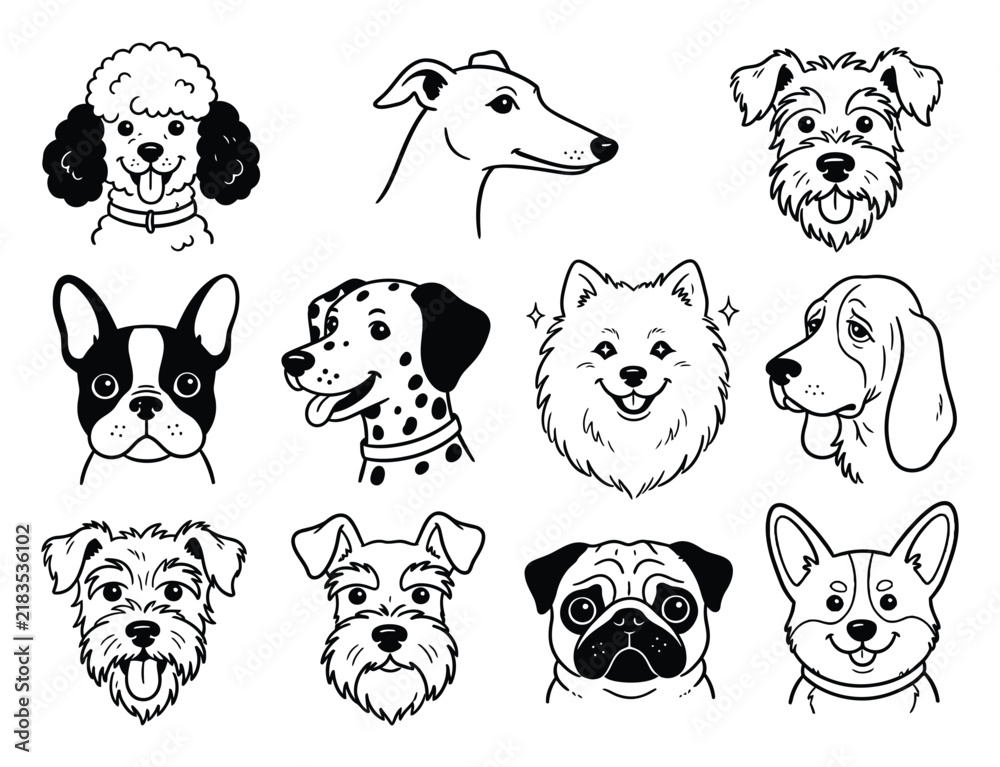 Fototapeta premium Minimalist dog breed line art icons, set of 11 hand drawn canine head illustrations, black and white pet portraits for logo design