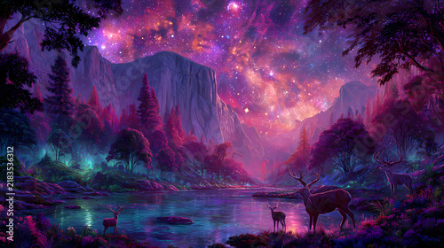 Purple forest bathed in the celestial glow of a vibrant nebula and numerous bright stars shining over a quiet lake.