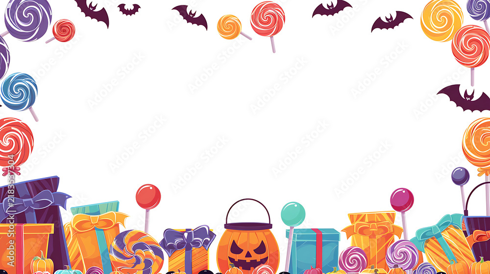 Fototapeta premium Halloween candy gift and pumpkin flat vector border background with wide central white copy space for autumn promotional event website banner festive invitation layout.