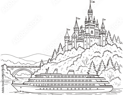 Cruise ship sailing on river near historic hill castle coloring page vector illustration