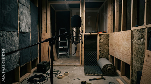Recording microphone in soundproof studio with wooden walls and tools scattered around