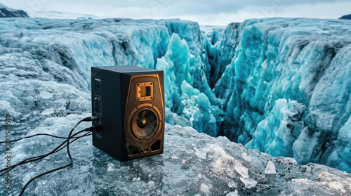 Professional studio monitor speaker icy glacier landscape, showcasing stunning contrast