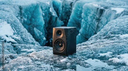 Professional studio monitor speaker on icy glacier landscape, showcasing contrast and beauty