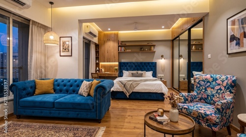 Modern Apartment Interior Featuring Stylish Sofa and Comfortable Bed – Contemporary Living Space