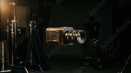 Vintage camera with lens in studio setting, showcasing artistic design and craftsmanship