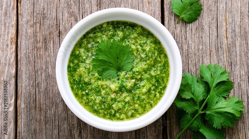 cilantro. Green chili sauce in a white ceramic bowl garnished with cilantro leaves. menu design, packaging mockups, designed for culinary blogs and recipe cards for restaurants.