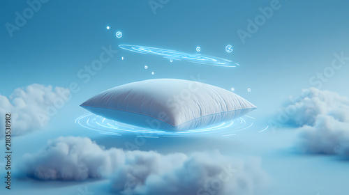 Cushion suspended over fluffy clouds with glowing holographic interface elements surrounding it.