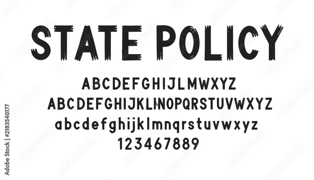 Obraz premium Full typography display of the STATE POLICY font featuring bold textured uppercase, lowercase, and numeric characters.