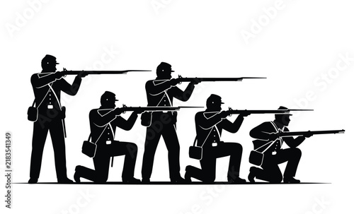 Military Soldiers with Rifles in Standing and Kneeling Positions Black Silhouette Vector Illustration