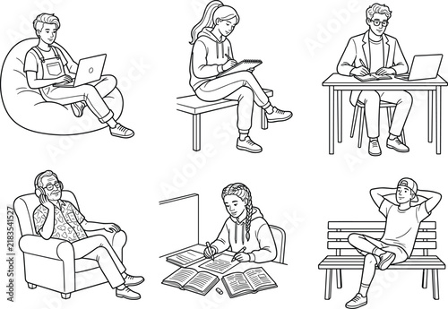 Students Studying and Working with Laptops, Tablets and Books in Relaxed Educational Settings
