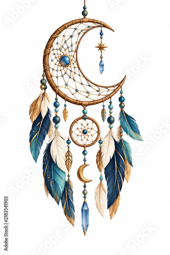 Unique celestial crescent moon dream catcher with feathers, beads and crystal ornaments isolated on white background