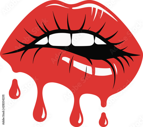 Red Dripping Lips Illustration with Sensual Makeup Style Isolated on Gray Background for Fashion Design