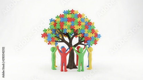 Diverse Group of People Holding Up a Vibrant Tree Made of Colorful Jigsaw Puzzle Pieces Concept