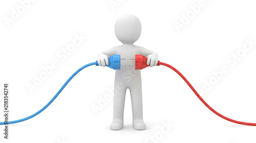3D White Character Holding Red and Blue Power Plugs for Energy Synergy and Connection