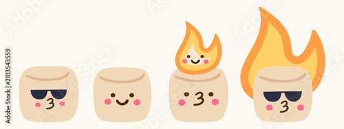 cute marshmallow characters sticker pack flat vector illustration funny cool food mascots set in sunglasses and campfire flame isolated on background