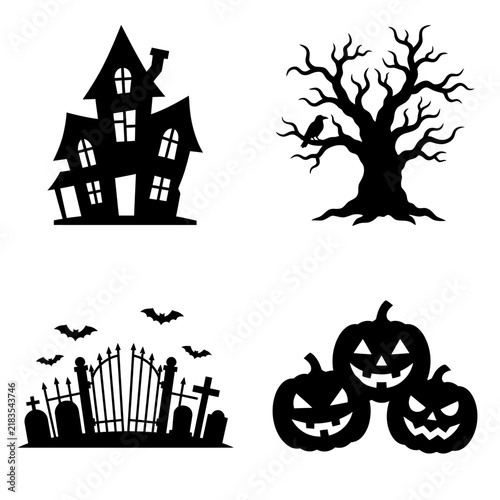 Obraz na płótnie Halloween silhouettes haunted house dead tree cemetery pumpkins