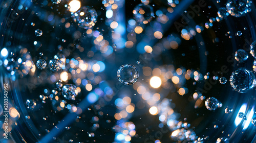 Low angle view looking up through translucent floor panel of bubble tube column, streams of rising colored bubbles visible from below, immersive installation in pediatric sensory