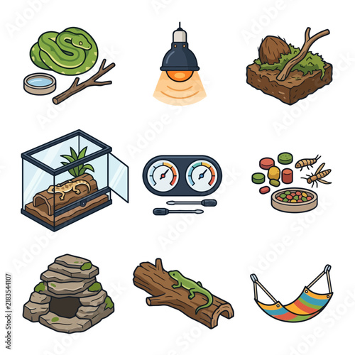 Essential Reptile Terrarium and Exotic Pet Care Equipment Vector Set
