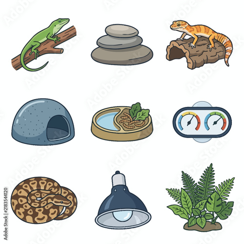 Vector Icon Set of Terrarium Supplies and Exotic Reptile Pets