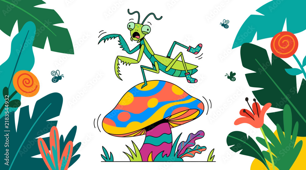 Obraz premium Cartoon Mantis Riding Colorful Psychedelic Mushroom.