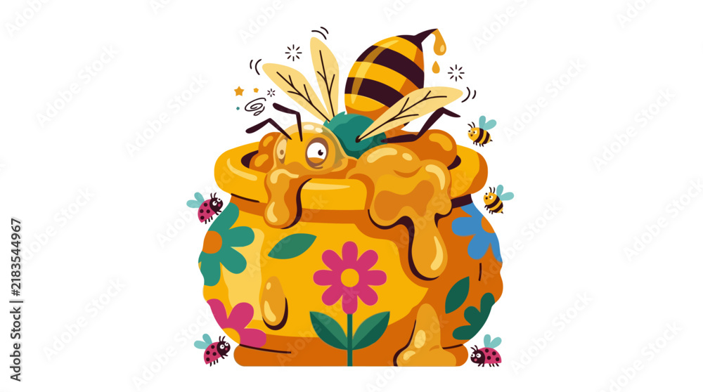Naklejka premium Cartoon Honey Pot with Bee Illustration.