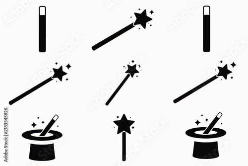 Collection of magic wand and hat in black and white