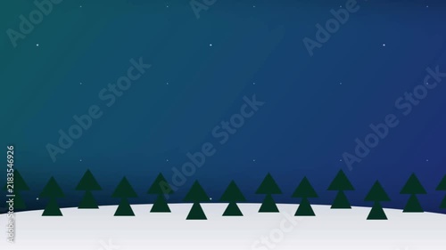 Dark Blue Night Sky Background with Green Christmas Trees and Snowy Hills Landscape Animation