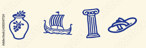 Ancient Greek Culture Symbols And Objects Hand Drawn Doodle Icon Set. Heritage And Lifestyle Sketch Symbol Collection. History Education And Cultural Presentations. Isolated Vector Illustration
