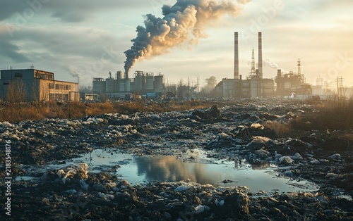 A large industrial complex releases smoke into the air, polluting the environment.