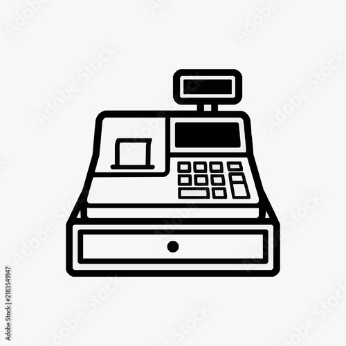 Clean Black and White Line Drawing of a Point of Sale Cash Register Machine with Keypad and Display