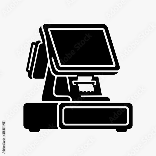 Clean Black and White Line Drawing of a Point of Sale Terminal with Card Reader and Cash Drawer