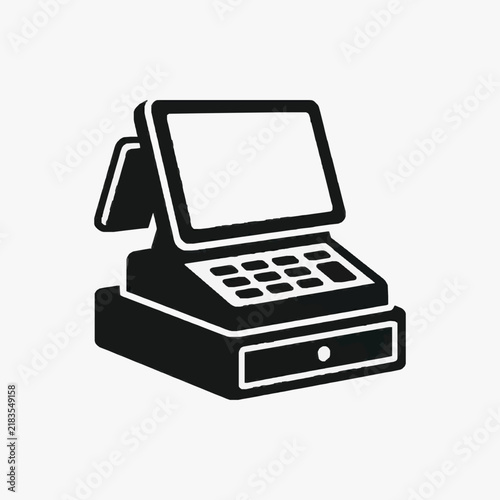 Clean Black and White Line Drawing of a Point of Sale Terminal with Screen and Keypad with high quality professional line art symbols for modern creative design and digital branding projects