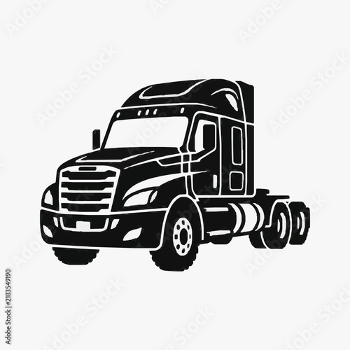 Clean Black and White Line Drawing of a Semi Truck with Dual Rear Axles and Cabin with high quality professional line art symbols for modern creative design and digital branding projects