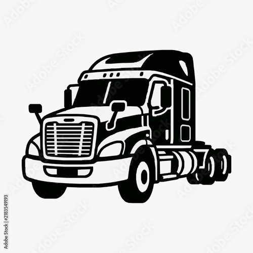 Clean Black and White Line Drawing of a Semi Truck with Cab and Dual Rear Wheels with high quality professional line art symbols for modern creative design and digital branding projects
