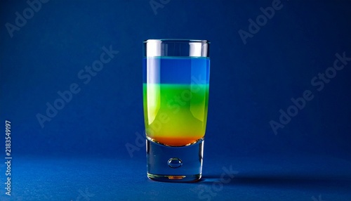 Colorful layered drink in a clear glass isolated on blue background4