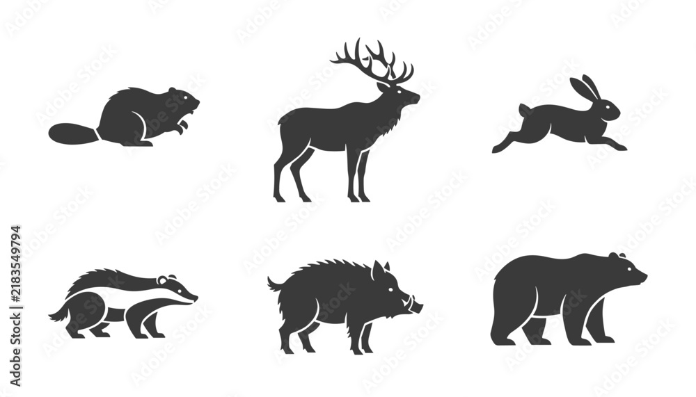 Obraz premium Silhouettes of six wild forest animals including a beaver, deer, running rabbit, badger, wild boar, and a bear.