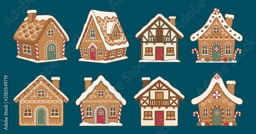 Set of cute hand drawn gingerbread houses with snow on a dark blue background for christmas