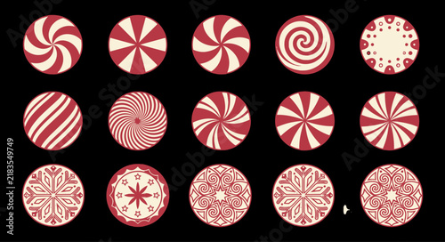 Set of fifteen circular abstract patterns with red and white geometric designs on black background