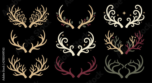 Collection of decorative deer antlers with magical swirls and sparkles isolated on a black background