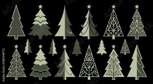 Collection of various decorative christmas tree illustrations isolated on a plain black background for winter holidays