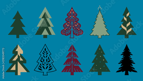 Collection of various stylized christmas tree icons isolated on a solid blue background for holidays