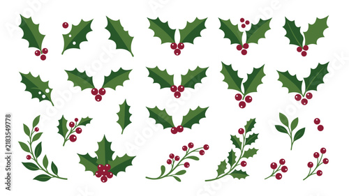 Set of watercolor holly leaves and red berries for festive christmas and winter holiday season decorations